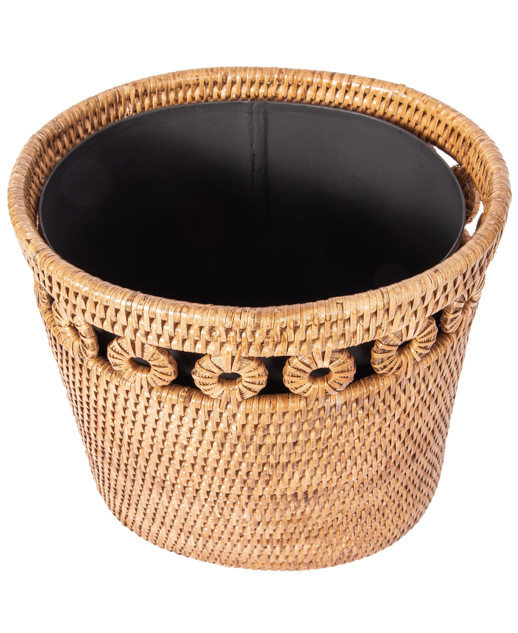 Woven basket with decorative elements on a white background