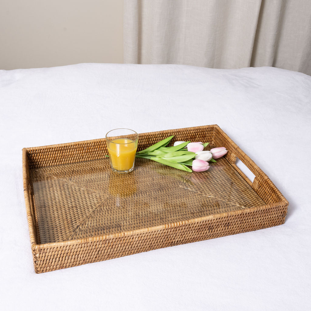 Rectangular Rattan Tray with Cutout Handles & Glass Insert