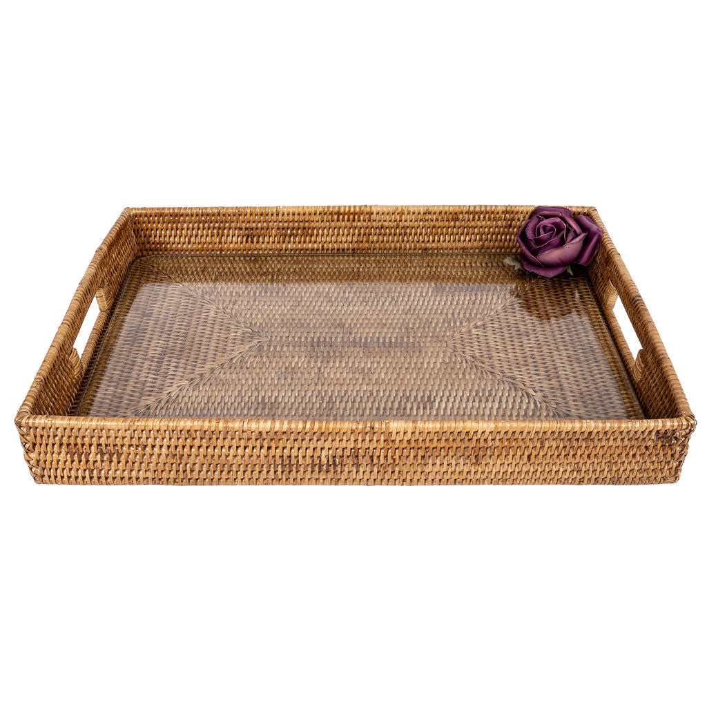 Rectangular Rattan Tray with Cutout Handles & Glass Insert