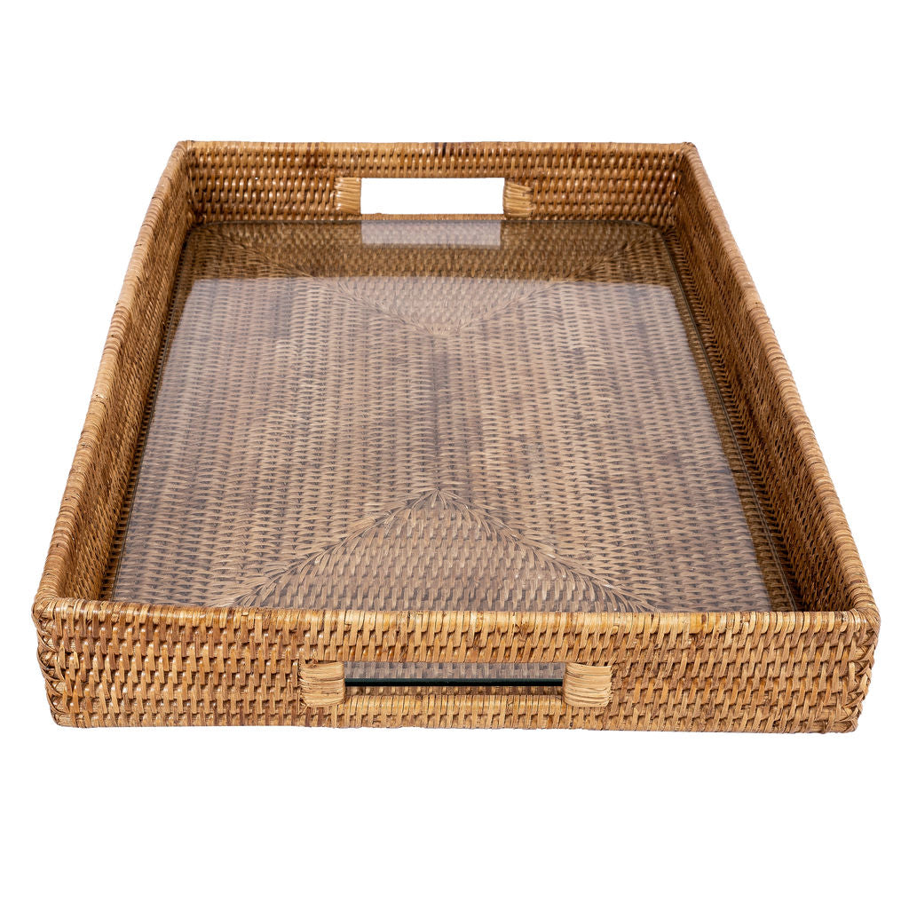 Rectangular Rattan Tray with Cutout Handles & Glass Insert