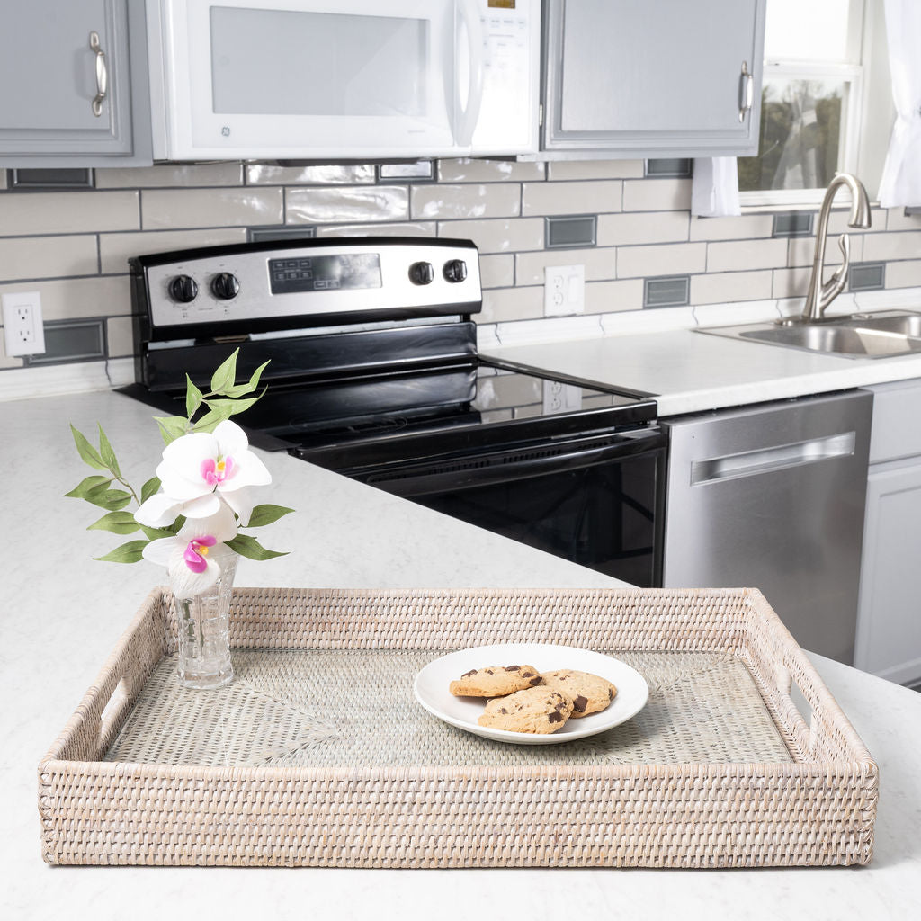 Rectangular Rattan Tray with Cutout Handles & Glass Insert