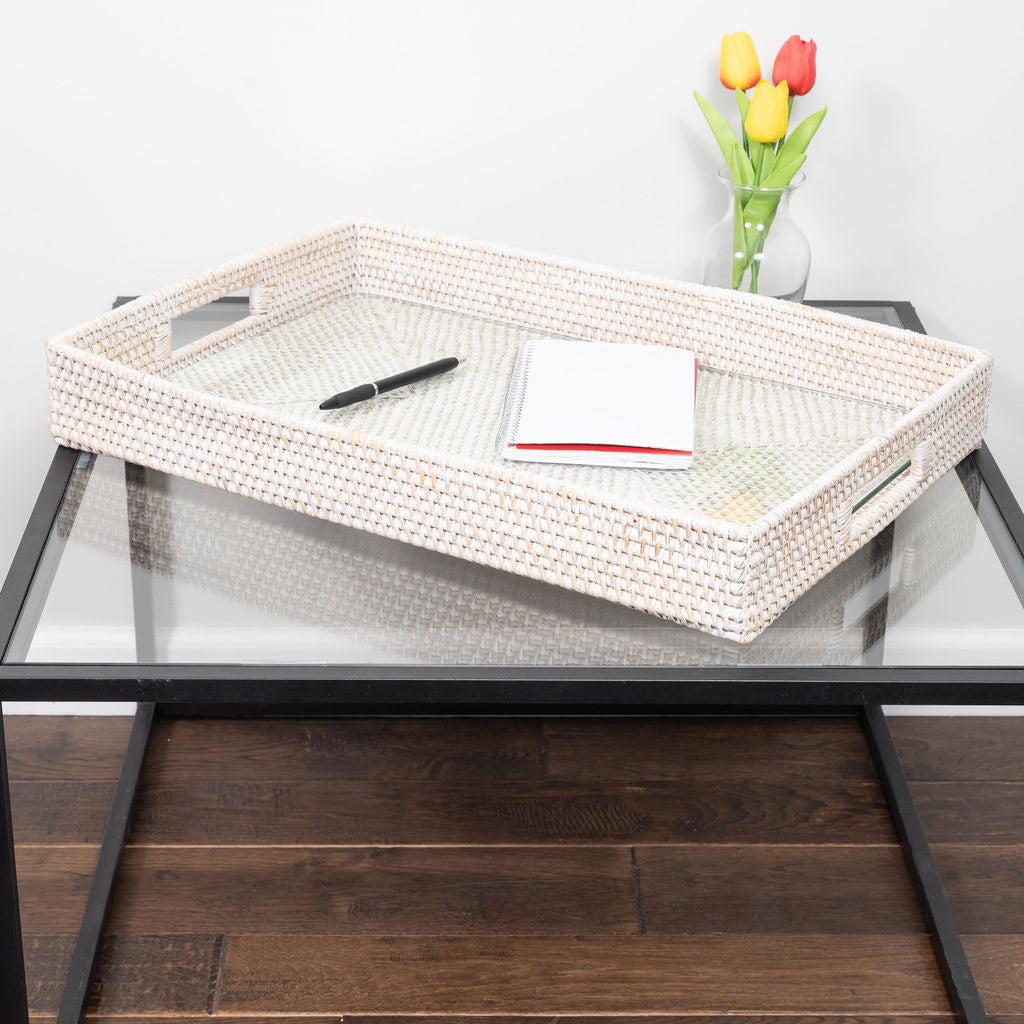 Rectangular Rattan Tray with Cutout Handles & Glass Insert