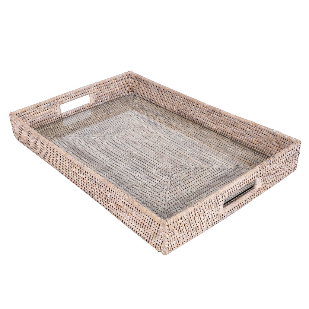 Rectangular Rattan Tray with Cutout Handles & Glass Insert
