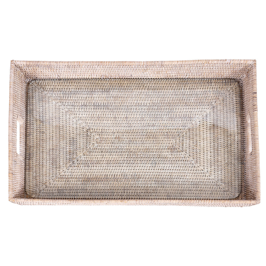 Rectangular Rattan Tray with Cutout Handles & Glass Insert