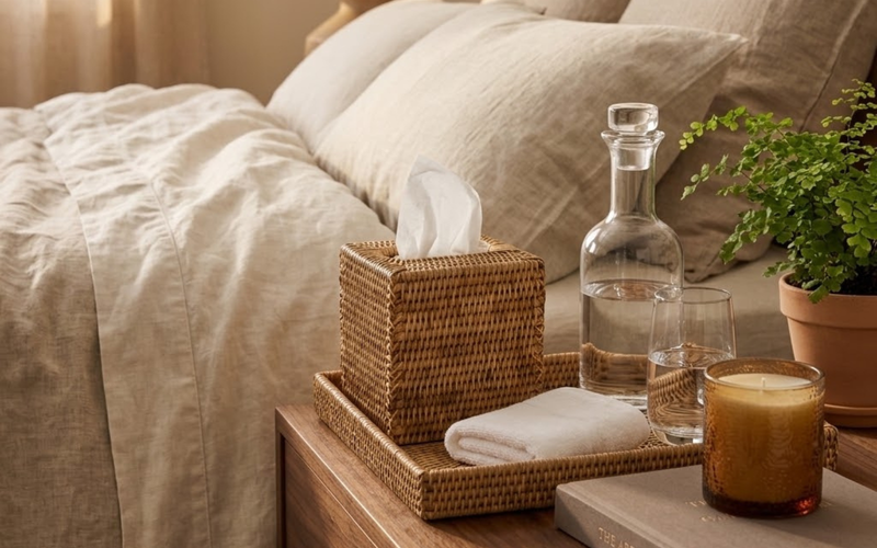Woven rattan column tissue box cover on a bedside table