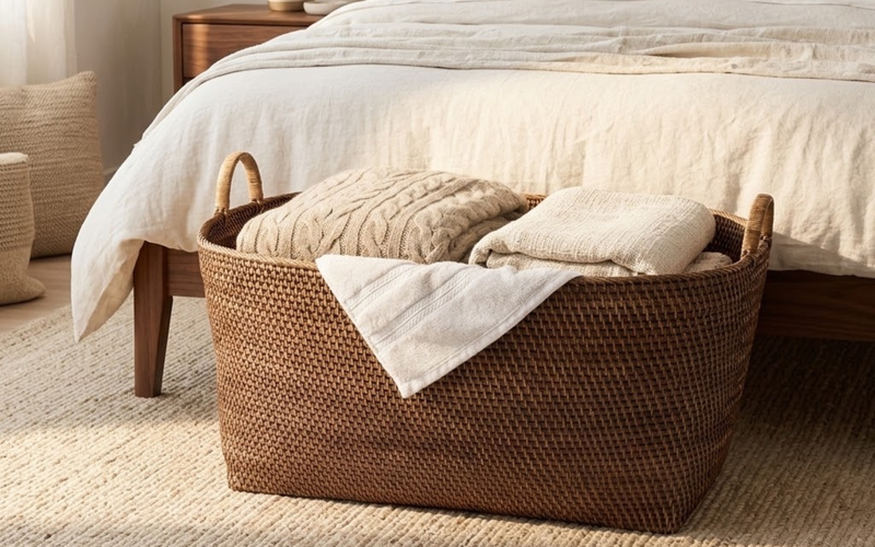 Woven rattan basket with hoop handles used for storage