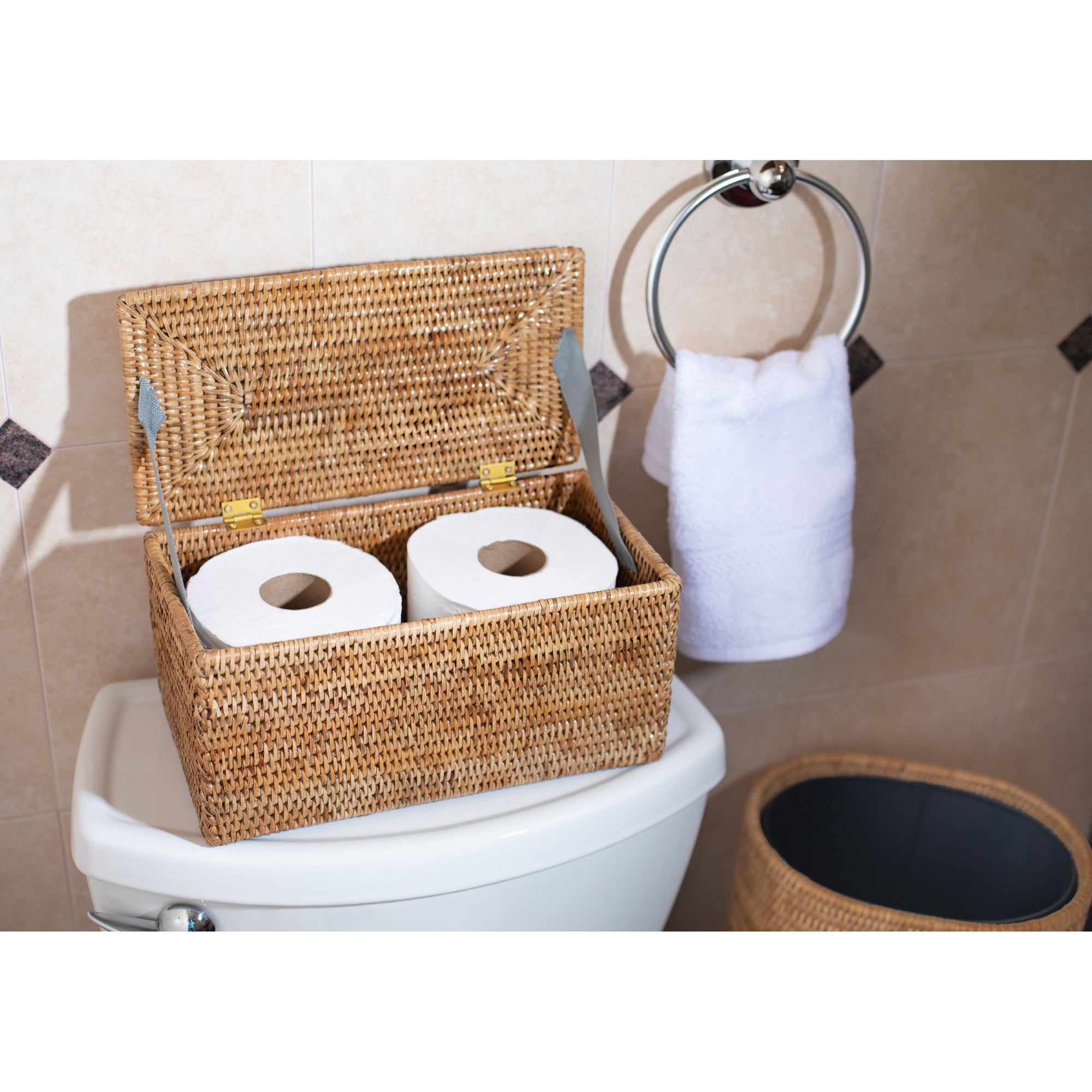 Rectangular Double Toilet Roll Holder with Hinged Lid