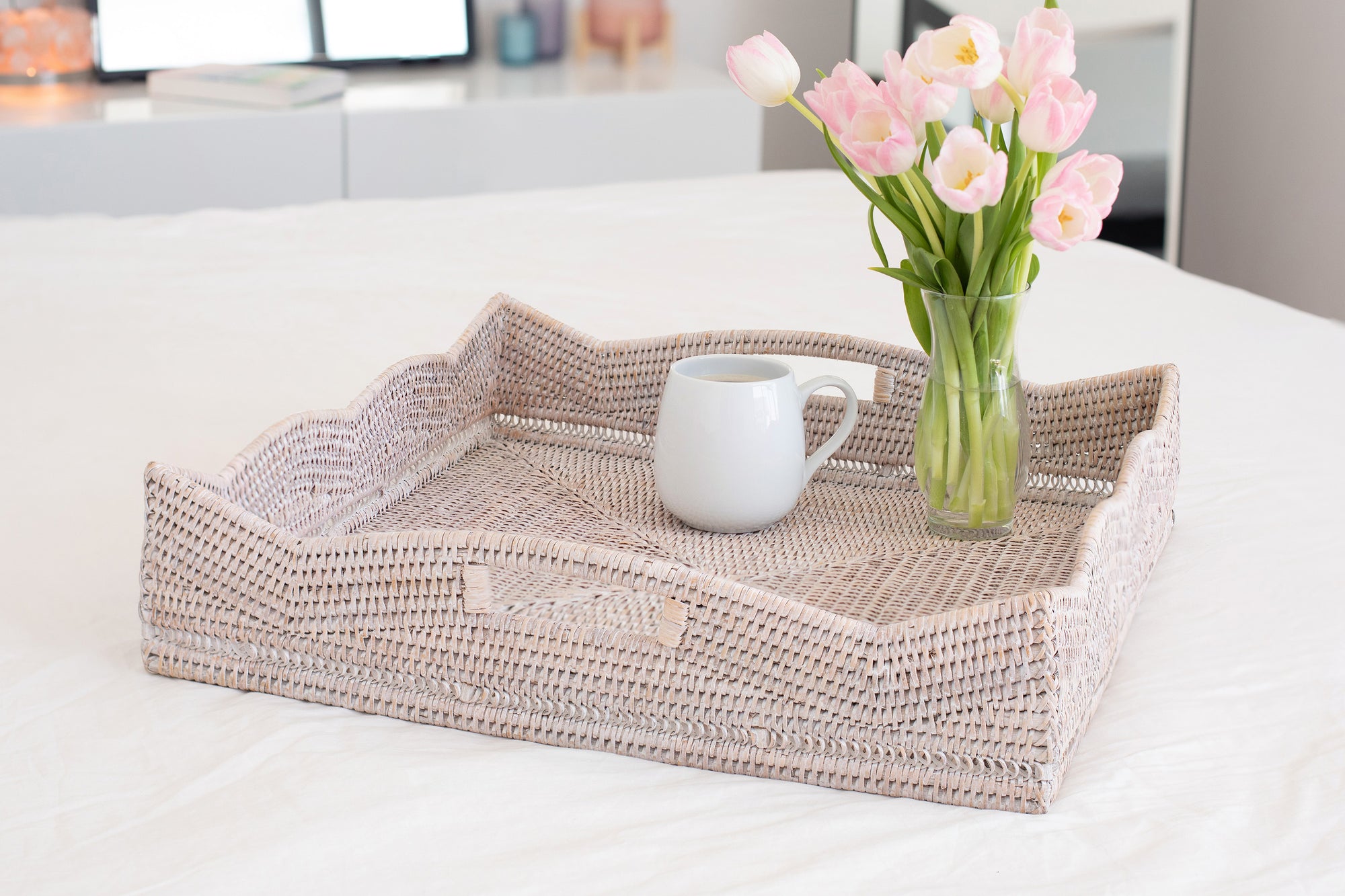 Scallop Square Tray With Cutout Handles White Wash