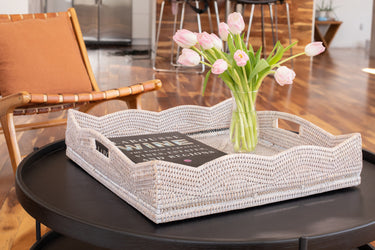 Scallop Square Tray With Cutout Handles White Wash