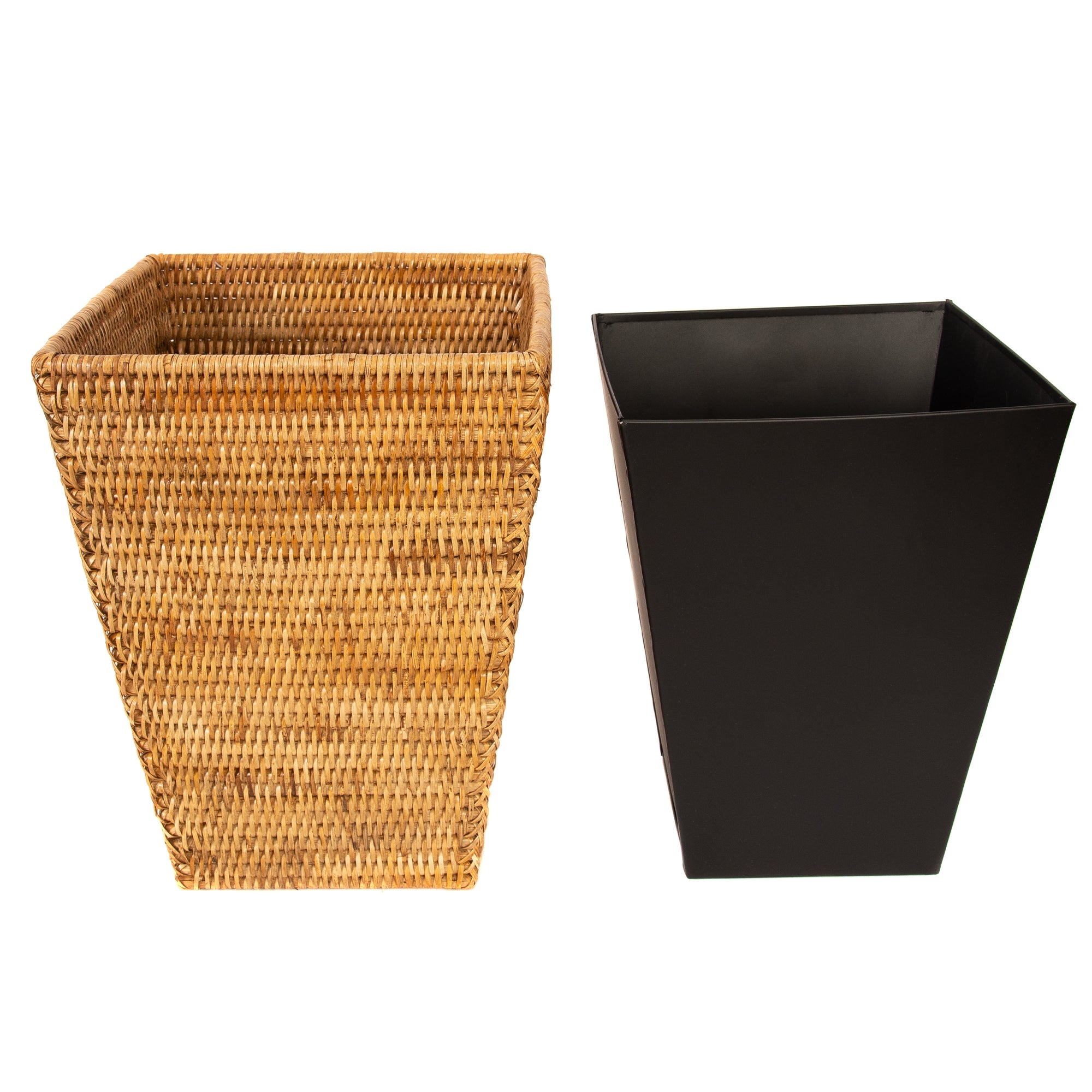 Artifacts Trading Company Rattan Rectangular Tapered Waste Basket with Metal Liner - Tudor Black